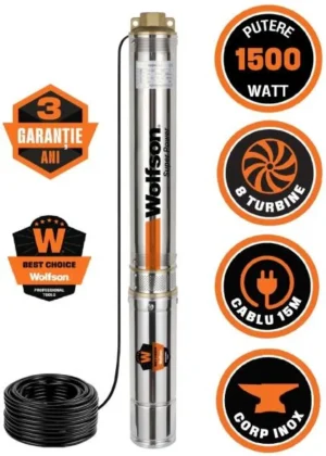 Pompa submersibila apa curata 1100W, WOLFSON PM-1500-8, 8 turbine, cablu 25m, 6600L/h, inaltime max pompare 58m, diametru 100mm, motor capsulat