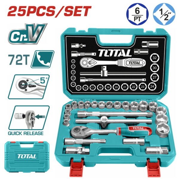Trusă de Chei Tubulare 1/2" cu Antrenor - 25 Piese TOTAL Industrial