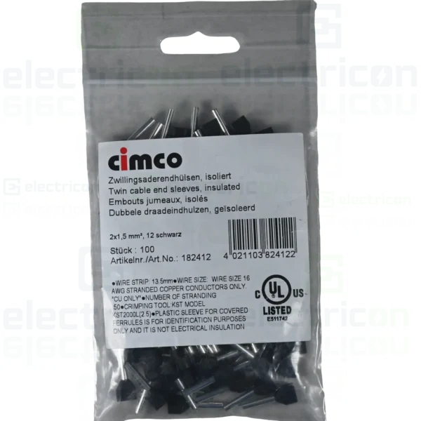 Pin dublu izolat GK 2x1.5/8 Negru - 100 bucăți